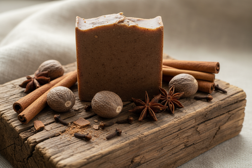 Dark bar soap bar with nutmeg and spices on a wooden block
