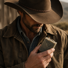 Load image into Gallery viewer, Man looking down wearing a cowboy hat