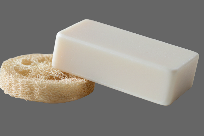 Plain white soap bar with luffa slice by it